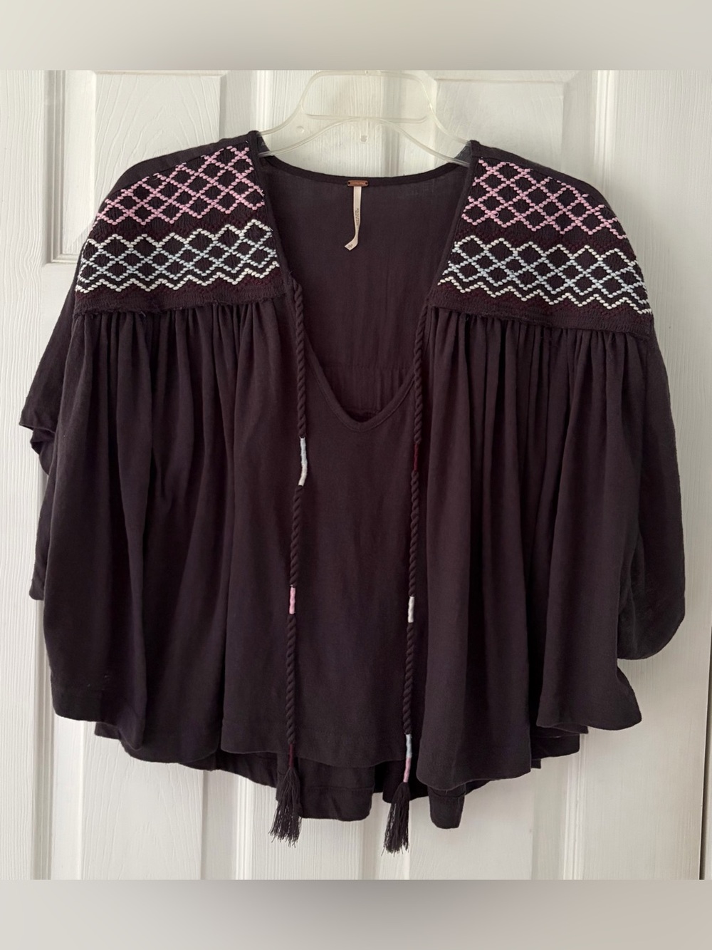 Free People Dark Gray Tunic Top with Pink & White Embroidery